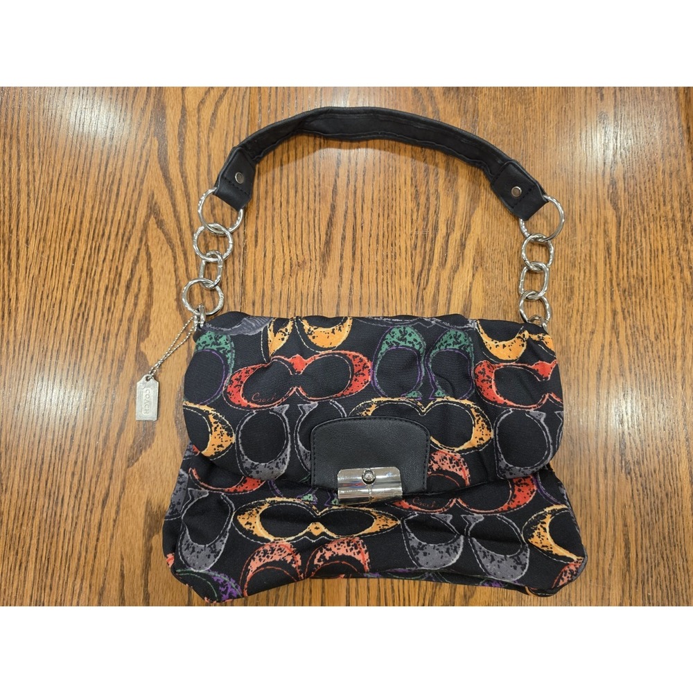Y2K Coach Scribble Print Chain Strap Shoulder Bag Black Multicolor Medium - Picture 1 of 11